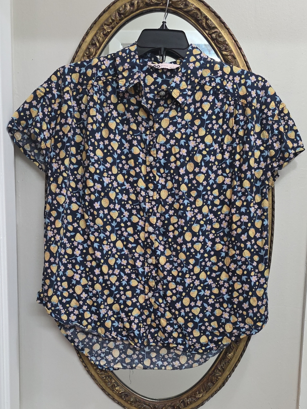 SO Good For Life Juniors Button up Cap Sleeve Shirt Blue w Berries Size L